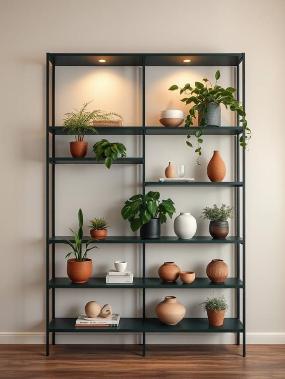 dark green shelving units