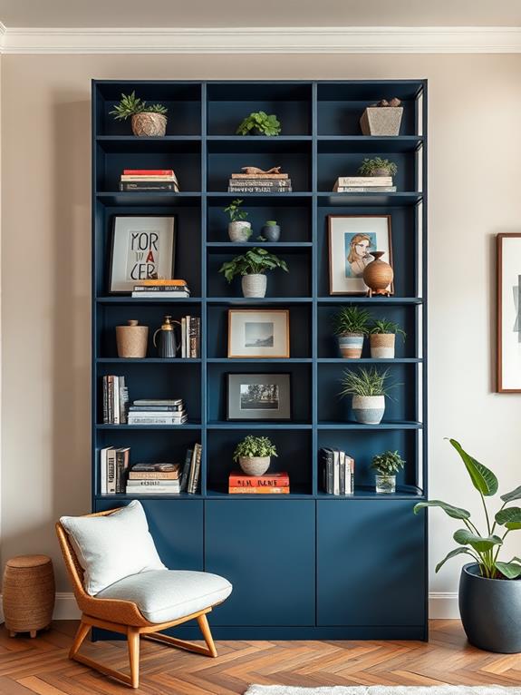 navy blue storage shelves