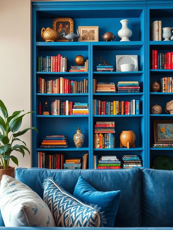 vibrant blue bookshelves displayed