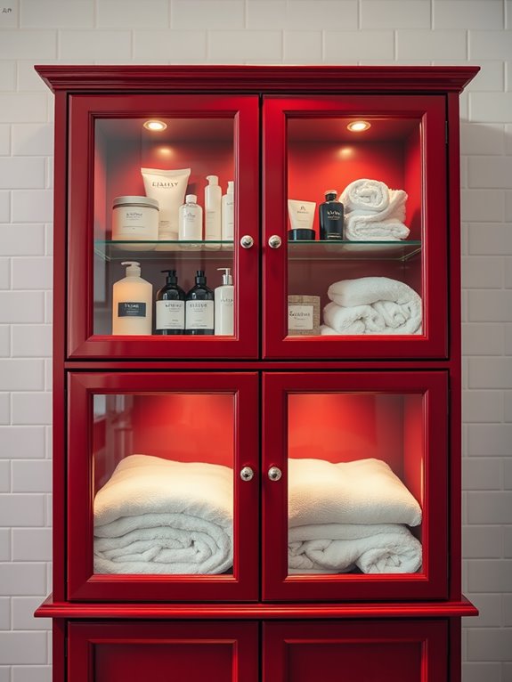 glass fronted red cabinets