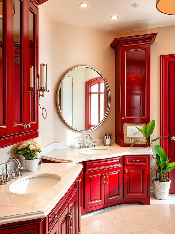 vibrant red bathroom storage