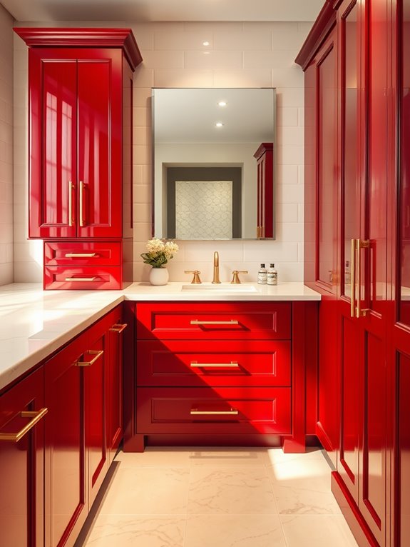 vibrant red cabinets accented