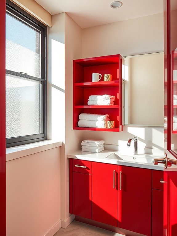 vibrant red open shelving