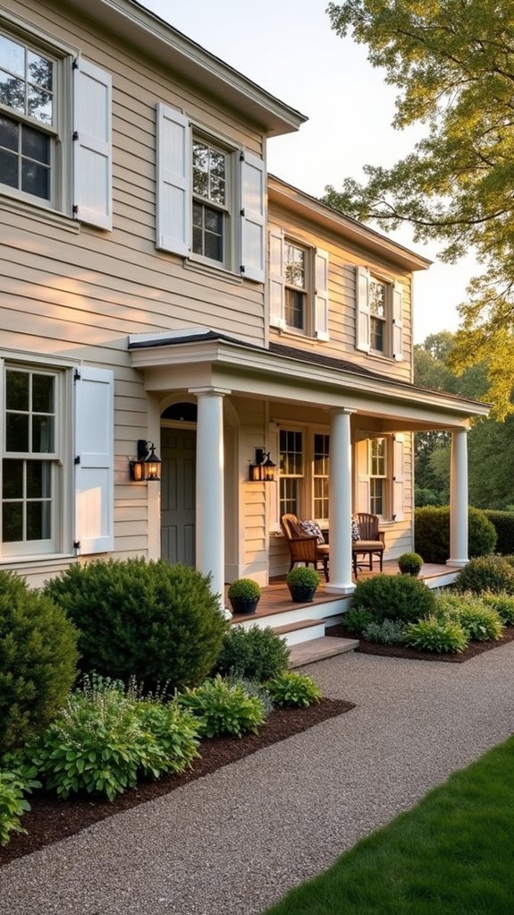 beige exterior with white shutters