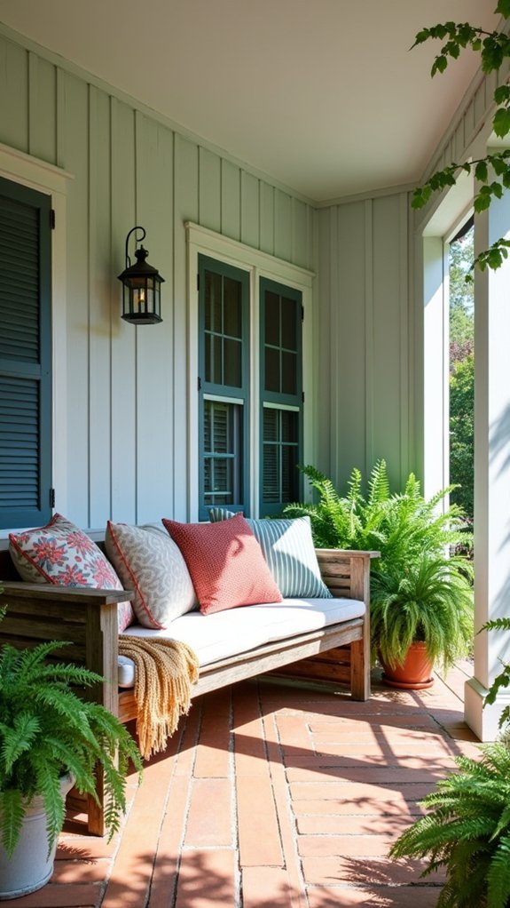 cozy farmhouse style porch bench
