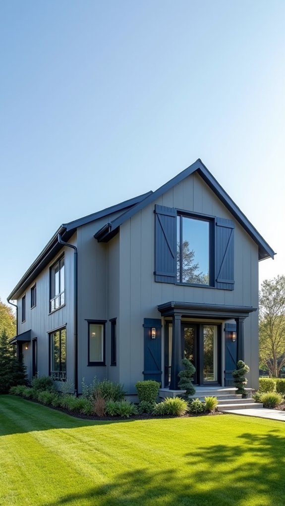 gray exterior navy shutters