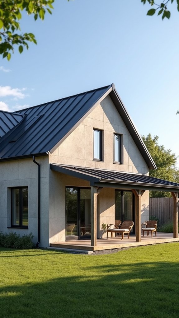 greige farmhouse with metal roof