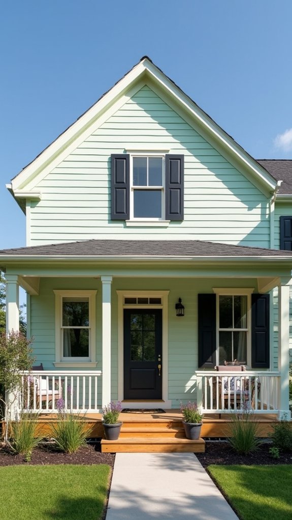 pastel farmhouse with dark shutters