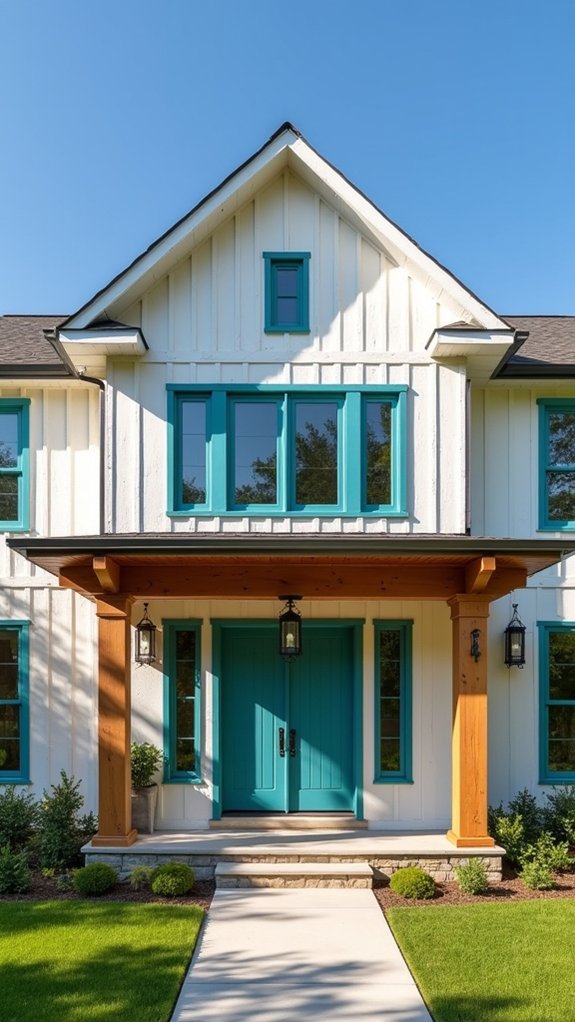 teal enhances farmhouse exteriors
