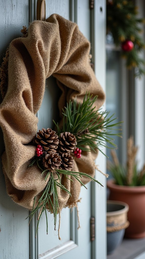 burlap pinecone wreath design