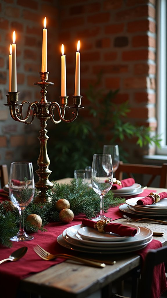 candelabras with seasonal greenery