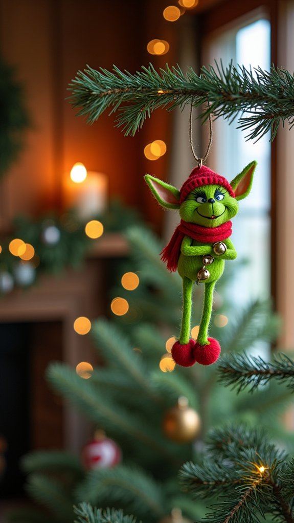 cheerful grinchy elf ornament