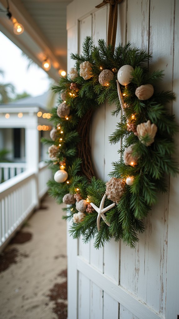 coastal wreaths with twinkling lights