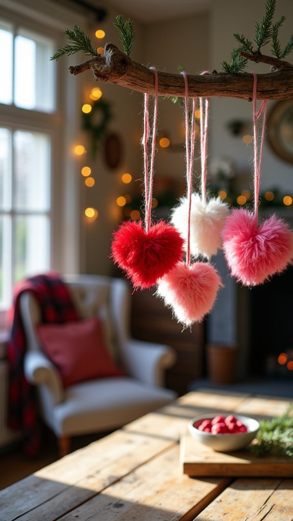 colorful pom pom heart ornaments