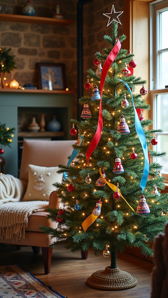 colorful snowman tree ribbons