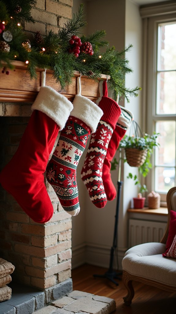 colorful stockings by fireplace