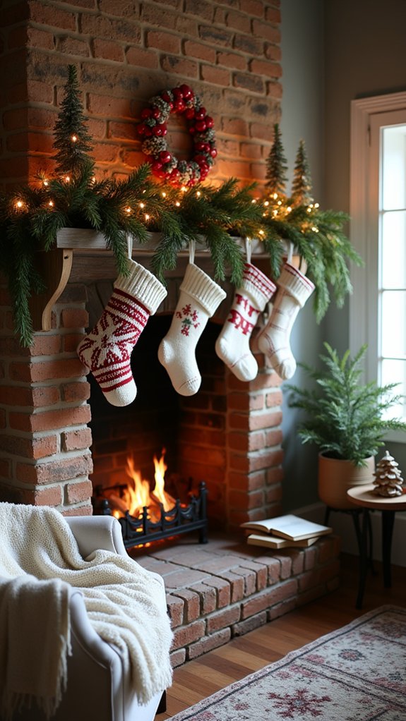 colorful stockings by fireplace