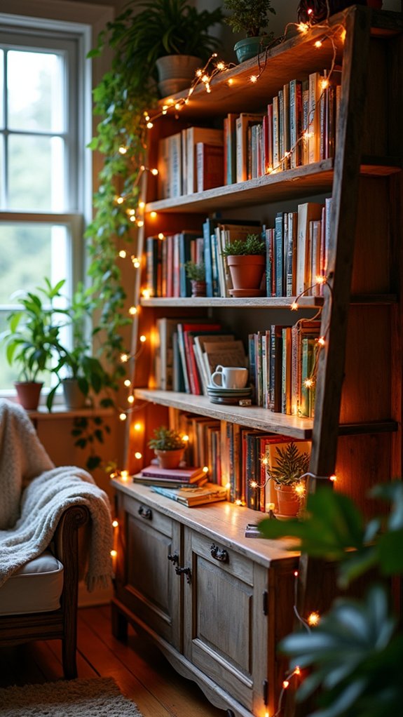 cozy illuminated bookshelf decor