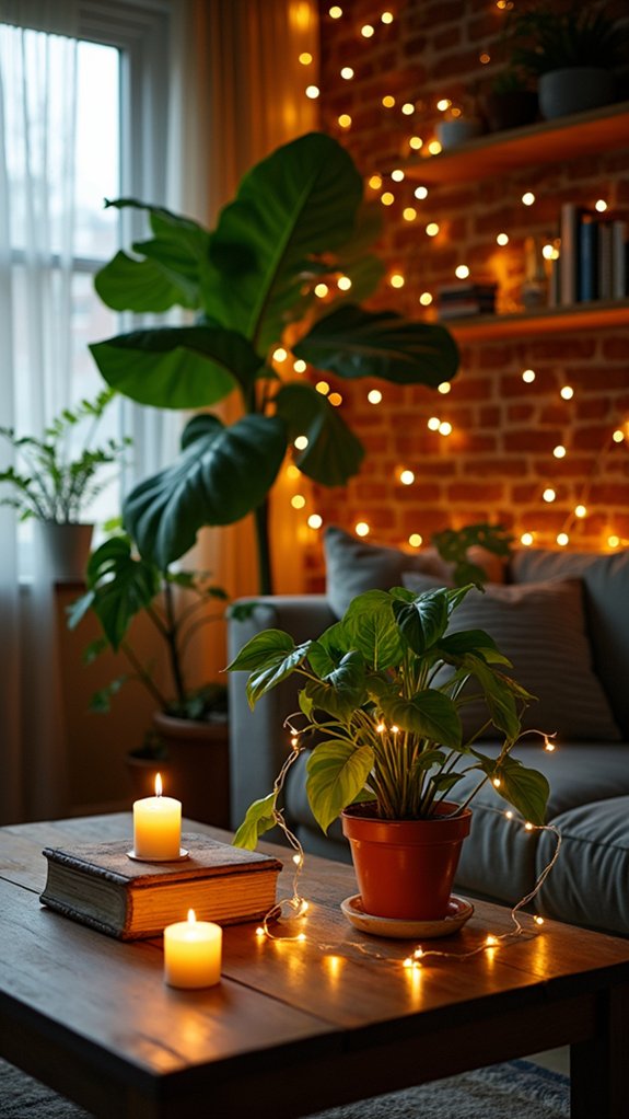 cozy string lights plants
