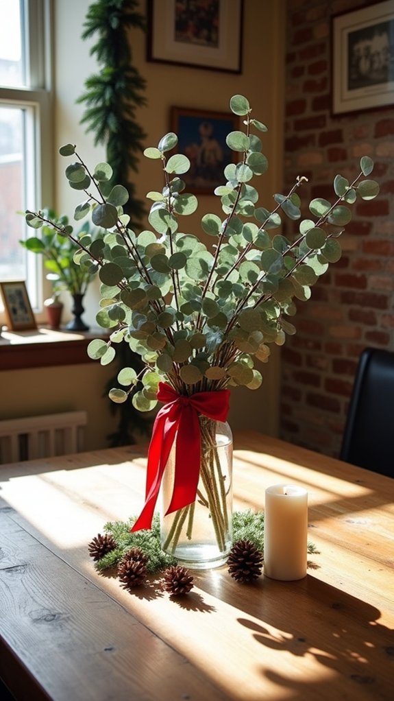 eucalyptus centerpieces with ribbon