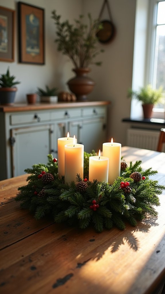 evergreen wreath with candles