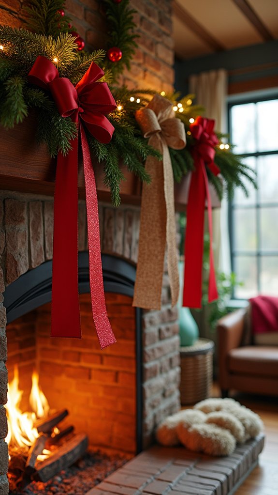festive fireplace ribbon decor