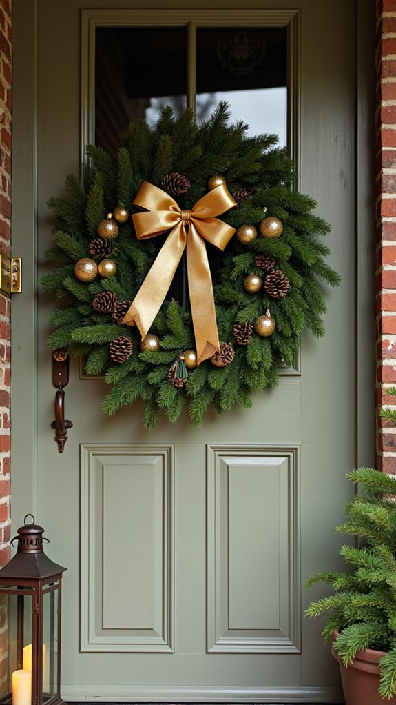 festive wreaths with gold bows