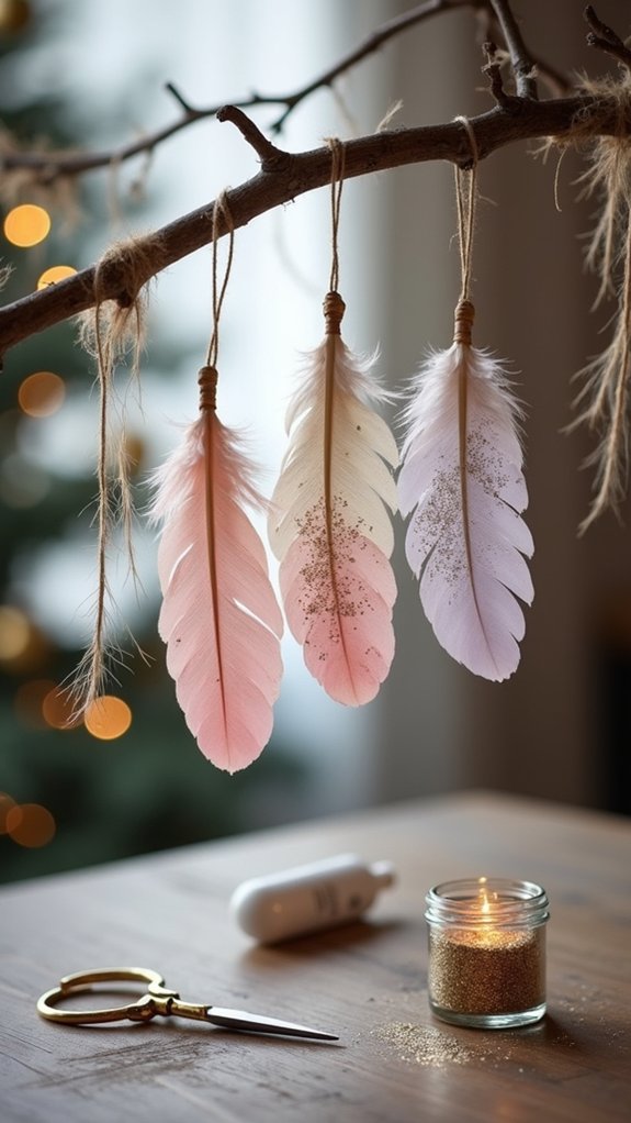 glitter dipped feather ornaments
