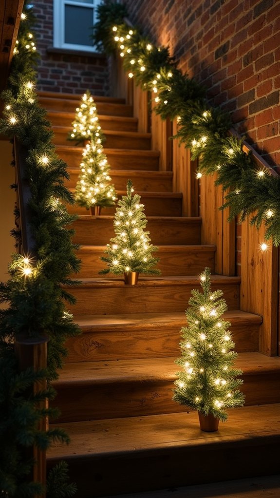 lighted trees on steps
