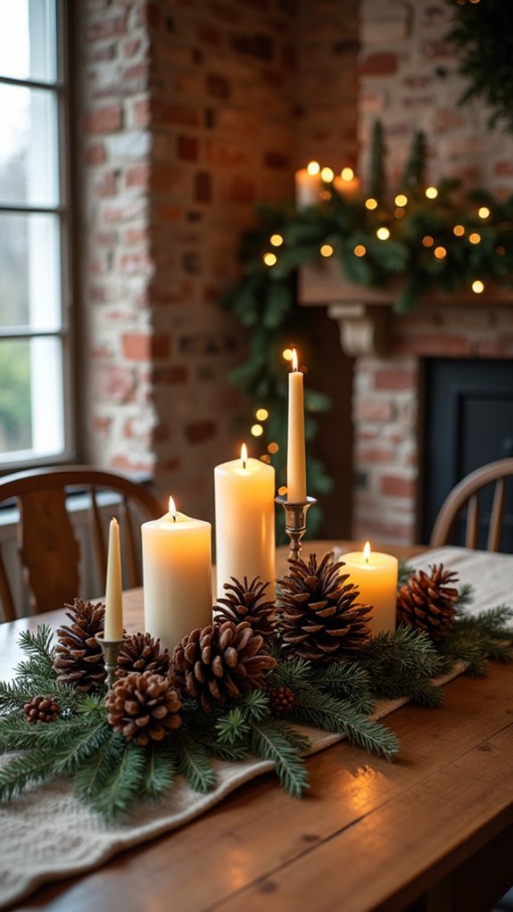 pinecones and candles arrangement