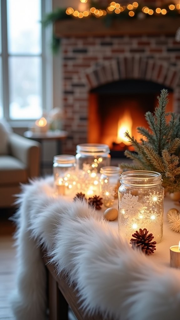 snowy winter mantel decor