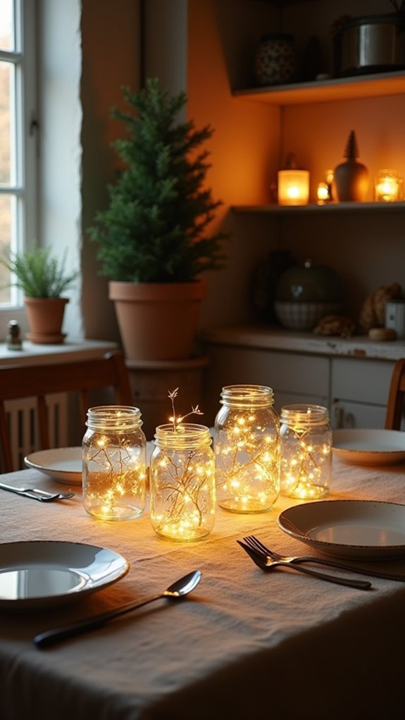 twinkling lights in jars