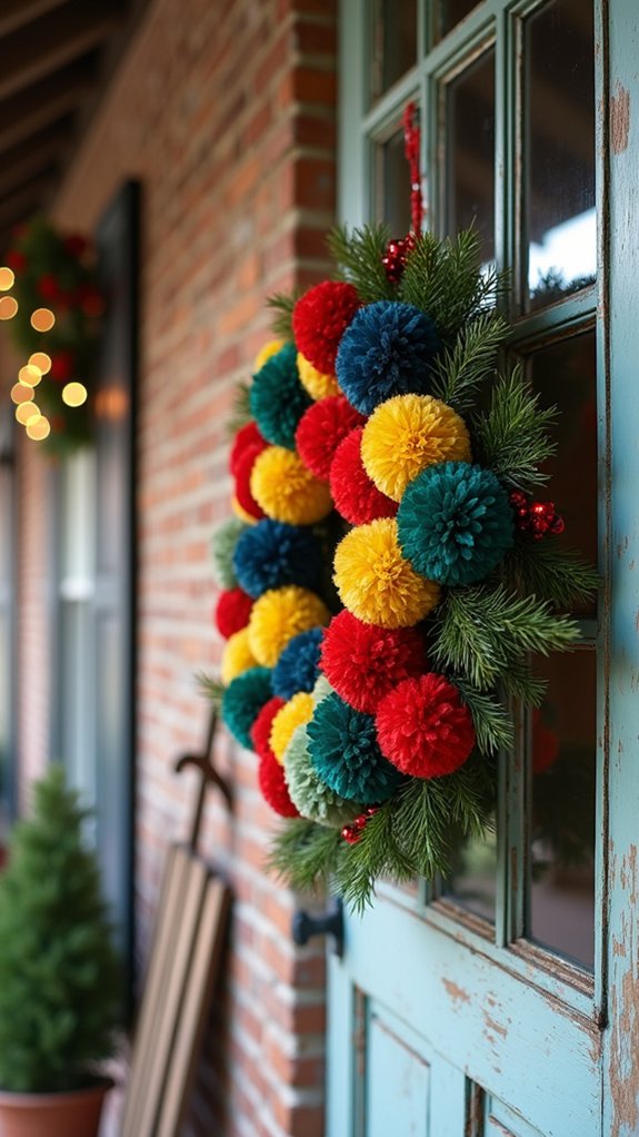 vibrant pom pom wreath decoration