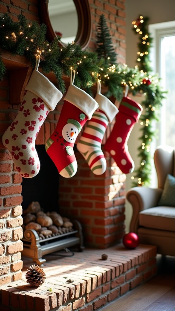 whimsical stockings by fireplace