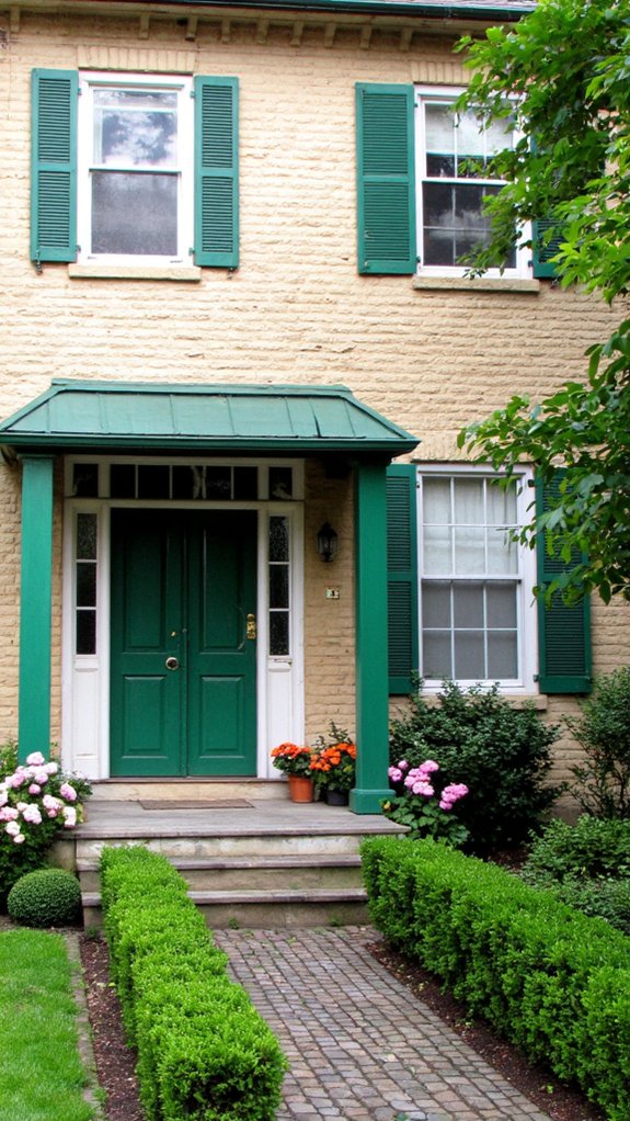 beige home with emerald shutters
