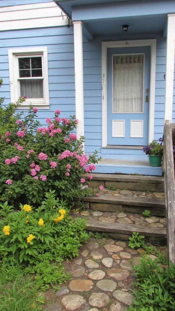 charming blue cottage exterior