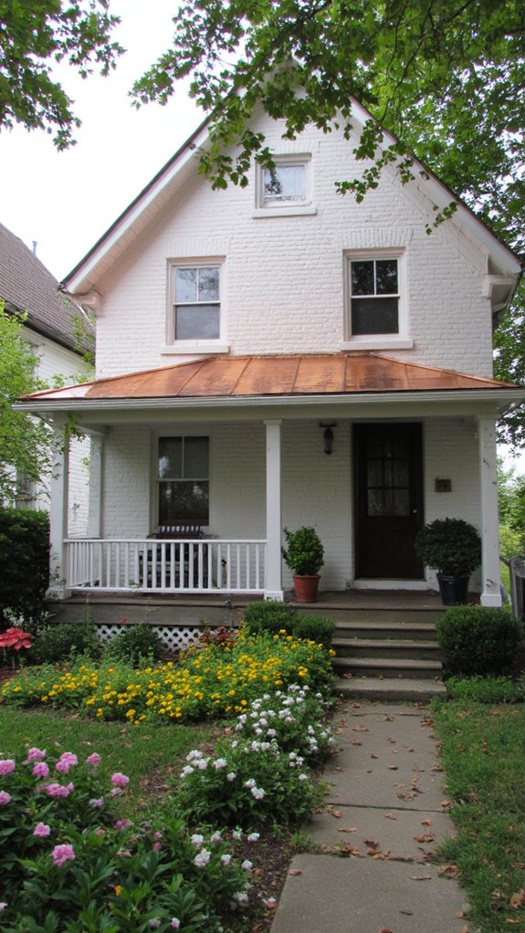 copper roof white brick