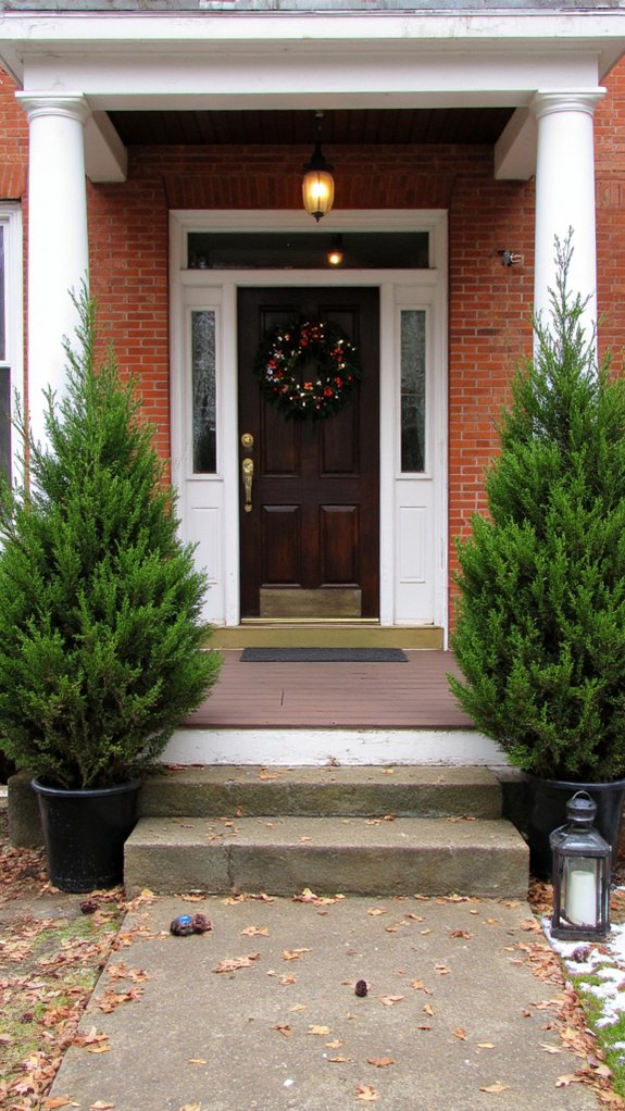 evergreen trees with bows