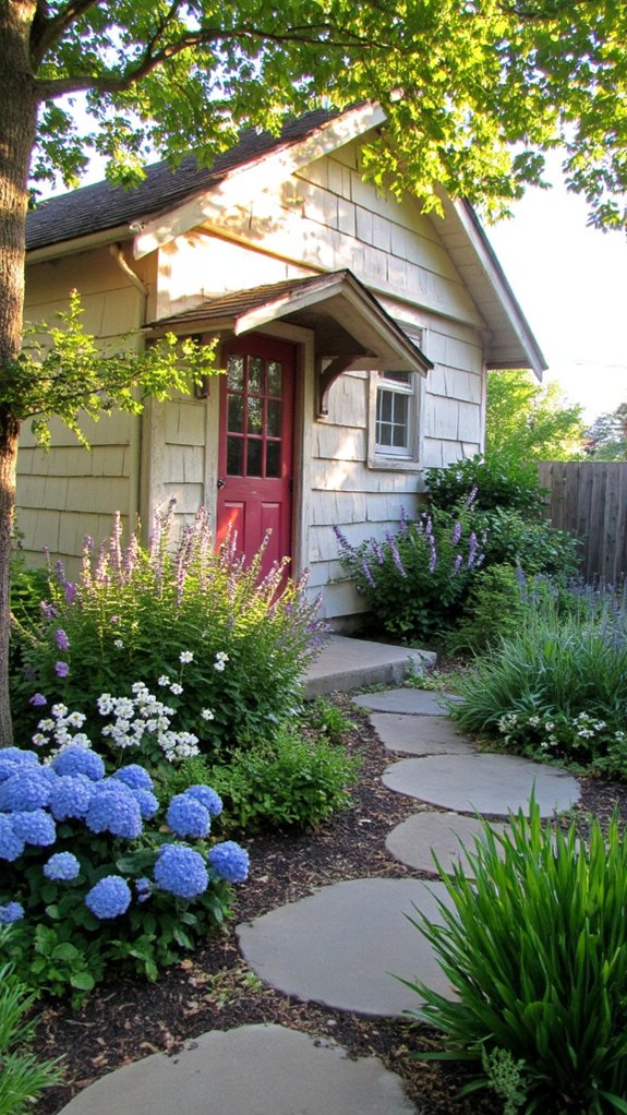 lush flower beds and paths