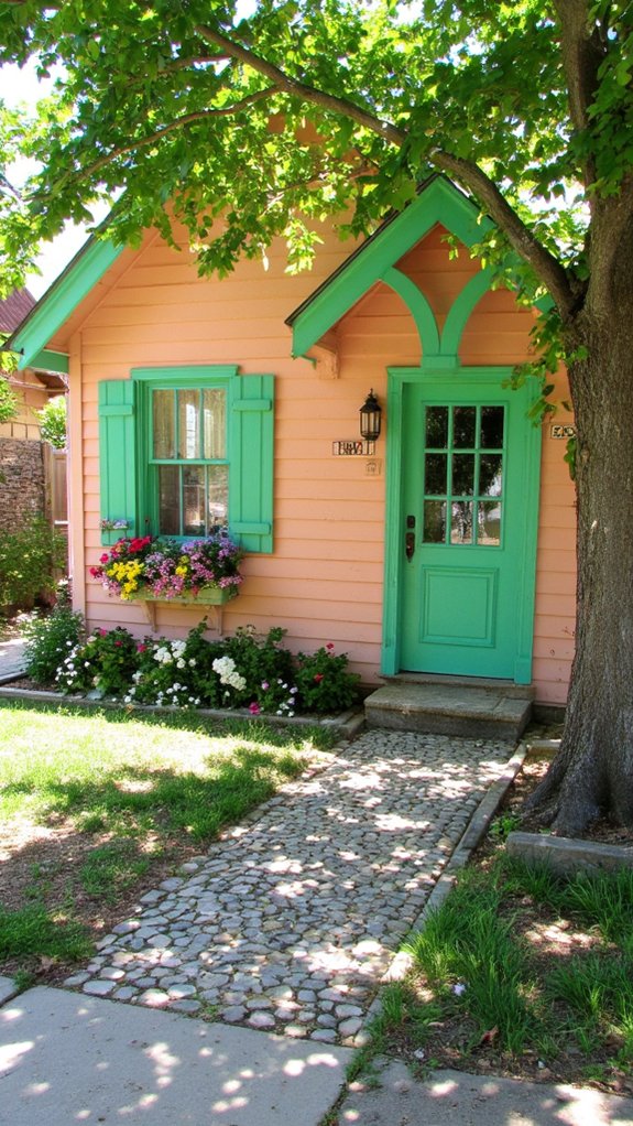 peach cottage with green accents