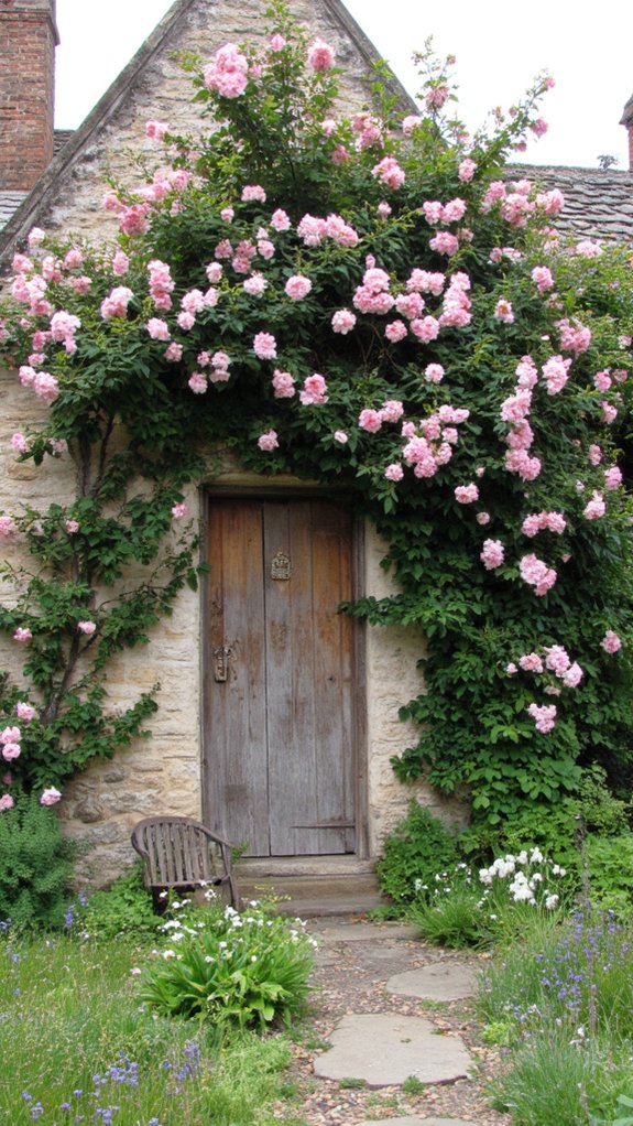 rose clad romantic cottage entrance