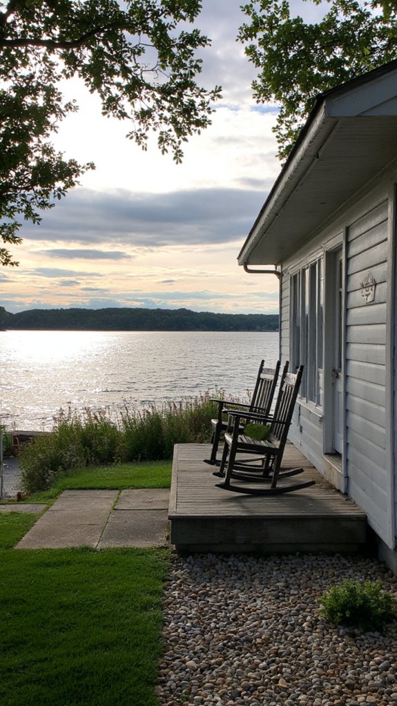 serene grey lakeside cottage