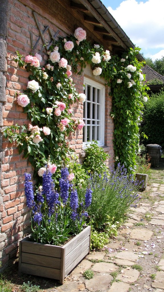 vibrant roses and delphiniums