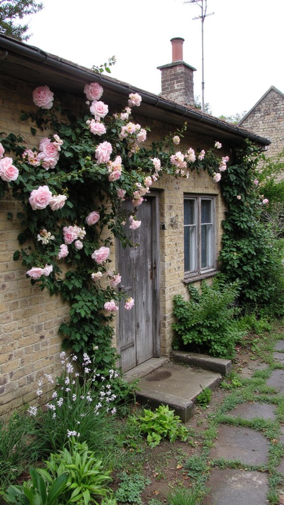 weathered cottage with roses