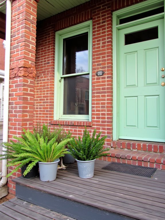 mint green contrasts red brick