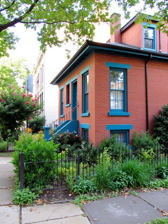 teal trim enhances brick homes