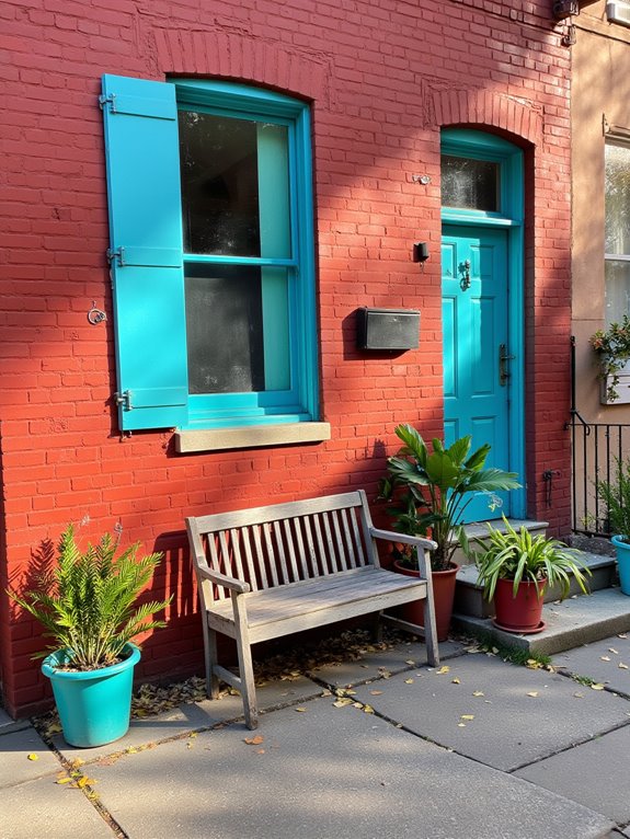 turquoise accents enhance brick
