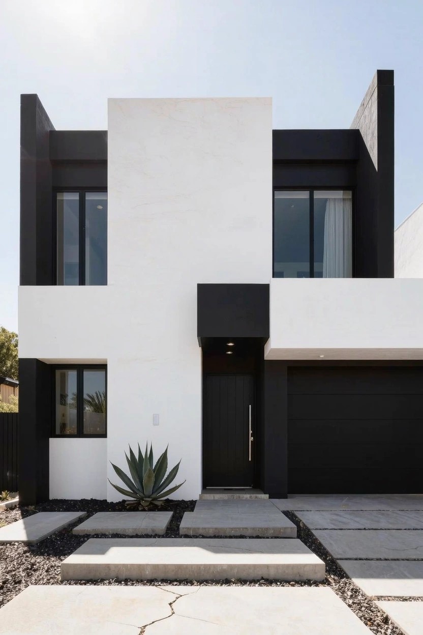 Modern two-story house exterior with white walls, black geometric accents on windows and doors, black garage door, concrete paver entry path, gravel landscaping, and an agave plant near the door.