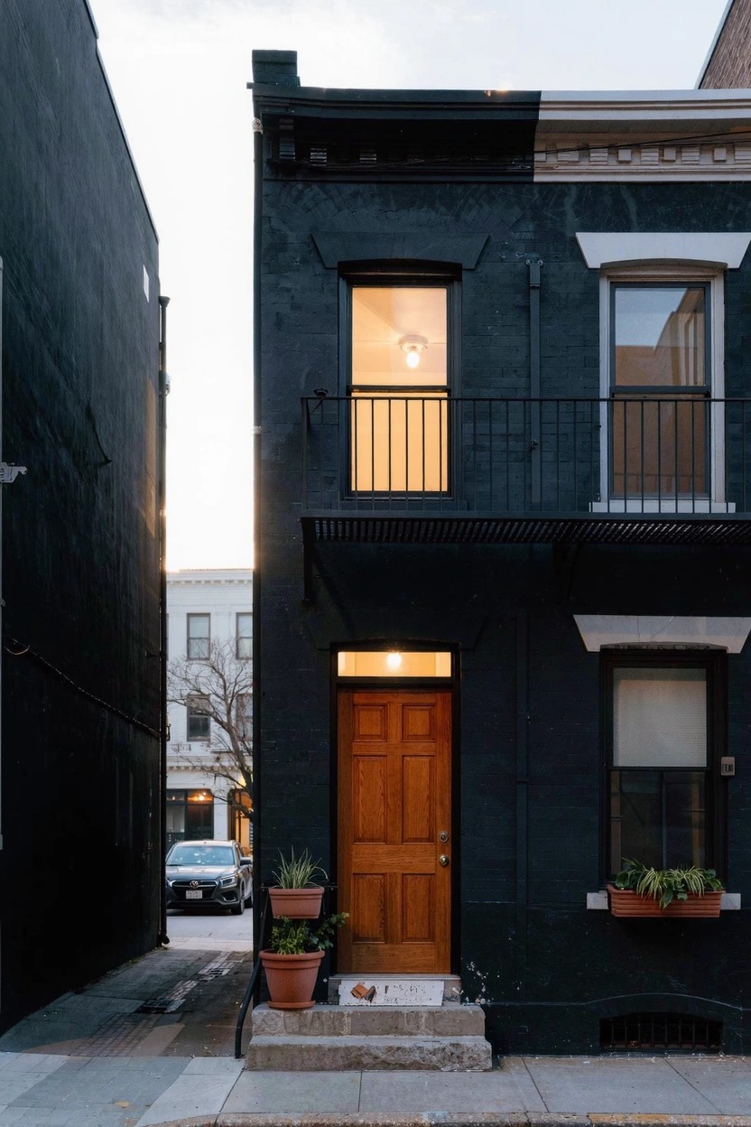 Narrow three-story black brick row house with wooden front door, black metal balcony, lit windows, potted plants by steps, and adjacent white building on a city alley at dusk.