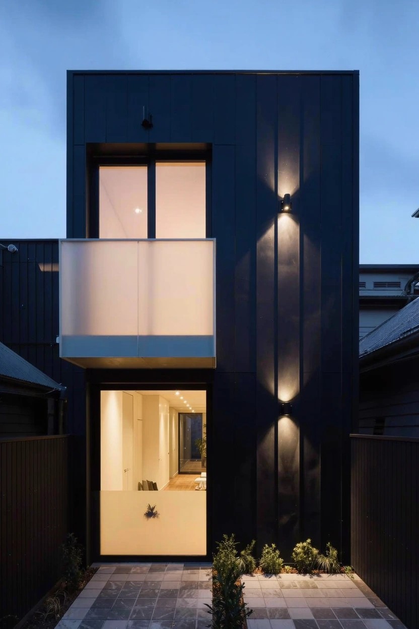 Narrow two-story house with black corrugated metal siding on the facade, glass-railed upper balcony, illuminated glass entry door and windows, wall-mounted lights, paver pathway, and small planted area at dusk.